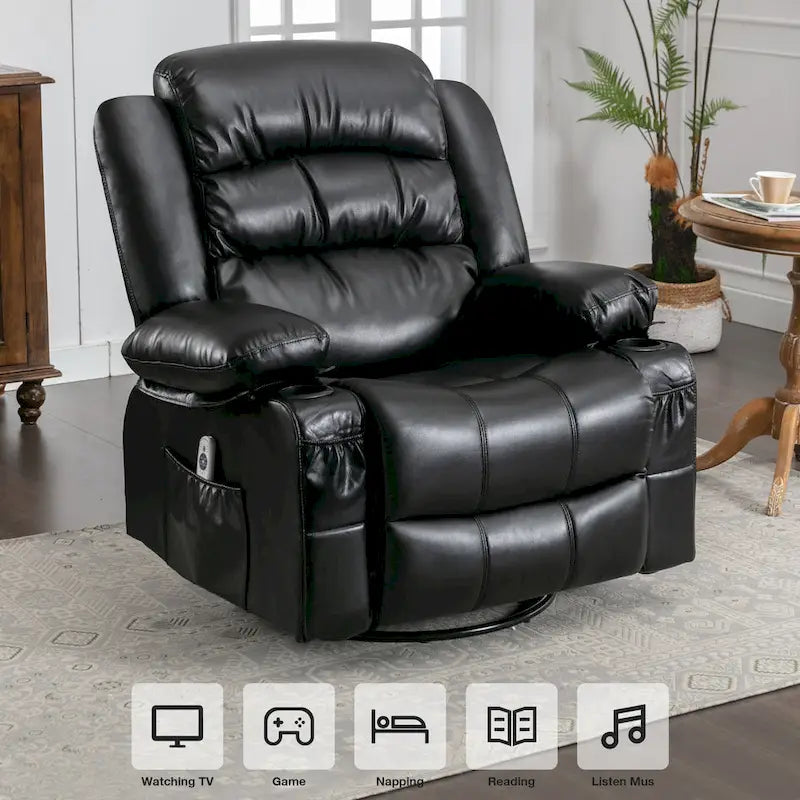 Fauteuil inclinable de massage en PU pivotant avec port de chargement USB, 2 porte-gobelets et poche latérale