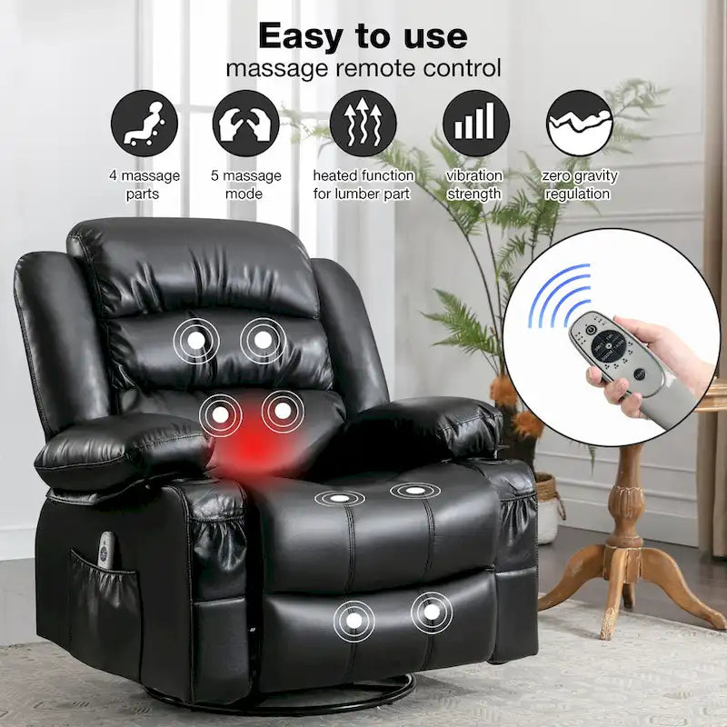 Fauteuil inclinable de massage en PU pivotant avec port de chargement USB, 2 porte-gobelets et poche latérale