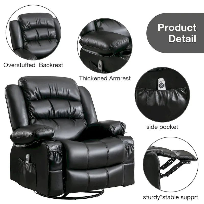 Fauteuil inclinable de massage en PU pivotant avec port de chargement USB, 2 porte-gobelets et poche latérale