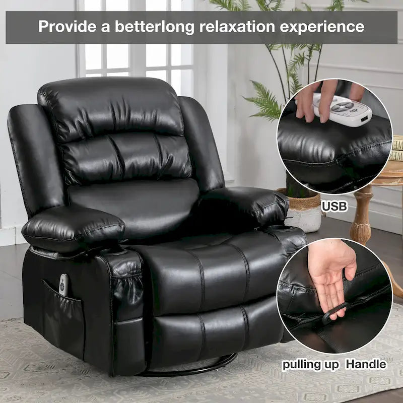Fauteuil inclinable de massage en PU pivotant avec port de chargement USB, 2 porte-gobelets et poche latérale