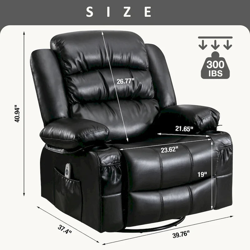 Fauteuil inclinable de massage en PU pivotant avec port de chargement USB, 2 porte-gobelets et poche latérale