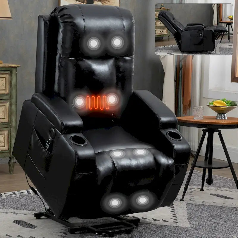 Fauteuil inclinable releveur en similicuir noir, 8 points de massage, chauffant, USB