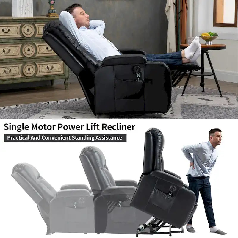 Fauteuil inclinable releveur en similicuir noir, 8 points de massage, chauffant, USB