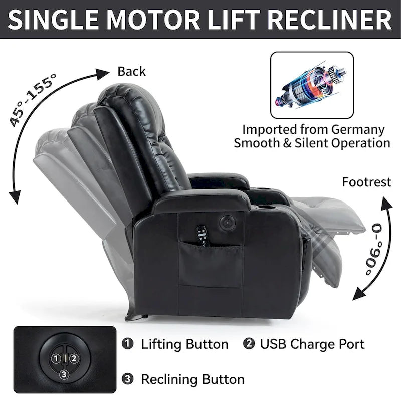 Fauteuil inclinable releveur en similicuir noir, 8 points de massage, chauffant, USB
