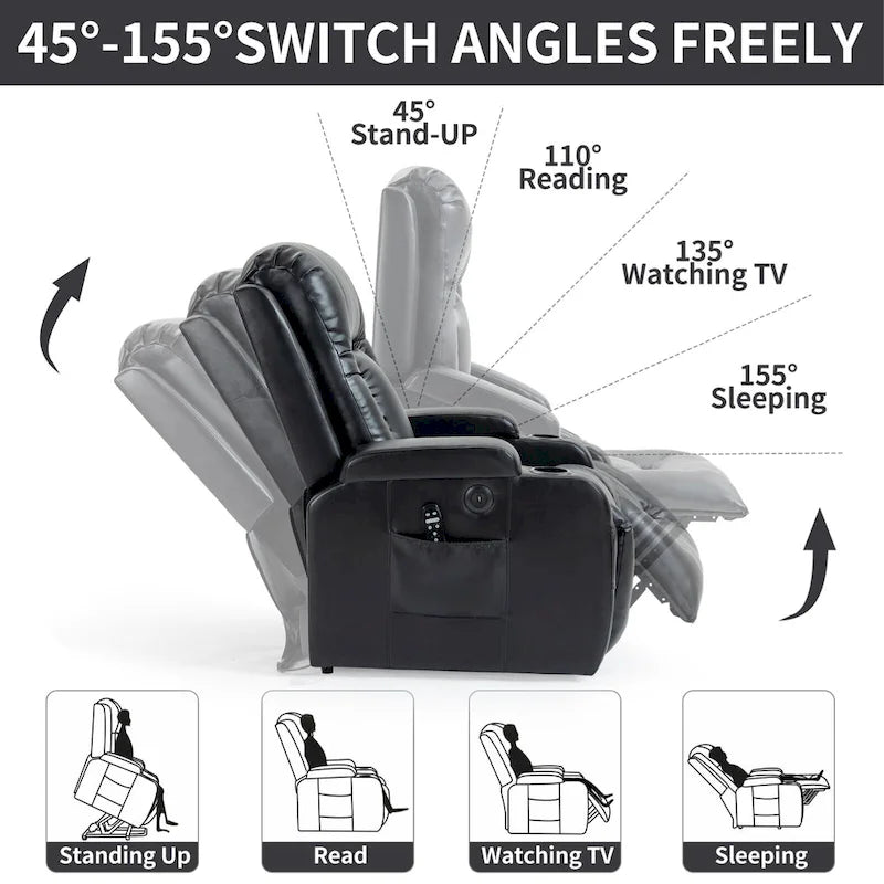 Fauteuil inclinable releveur en similicuir noir, 8 points de massage, chauffant, USB