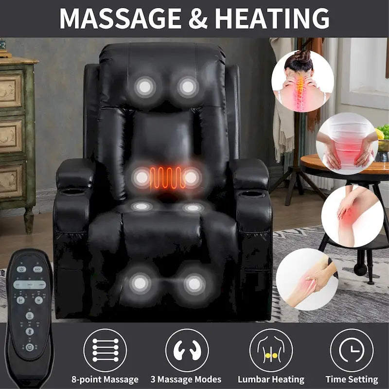 Fauteuil inclinable releveur en similicuir noir, 8 points de massage, chauffant, USB