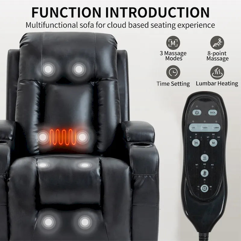Fauteuil inclinable releveur en similicuir noir, 8 points de massage, chauffant, USB