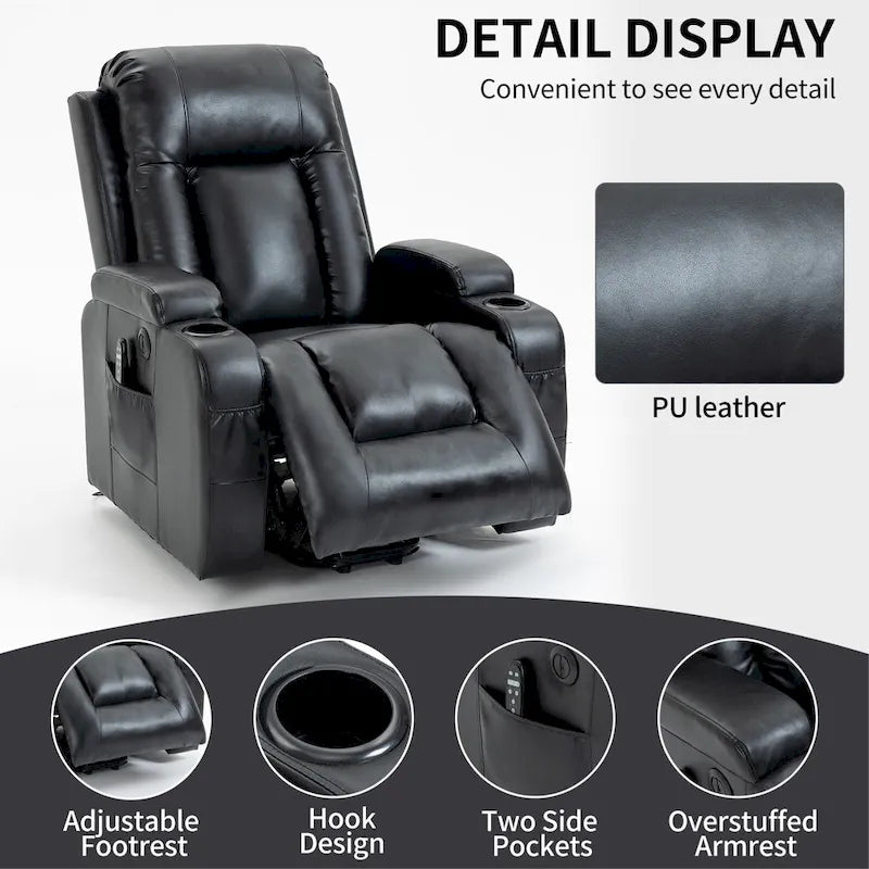Fauteuil inclinable releveur en similicuir noir, 8 points de massage, chauffant, USB