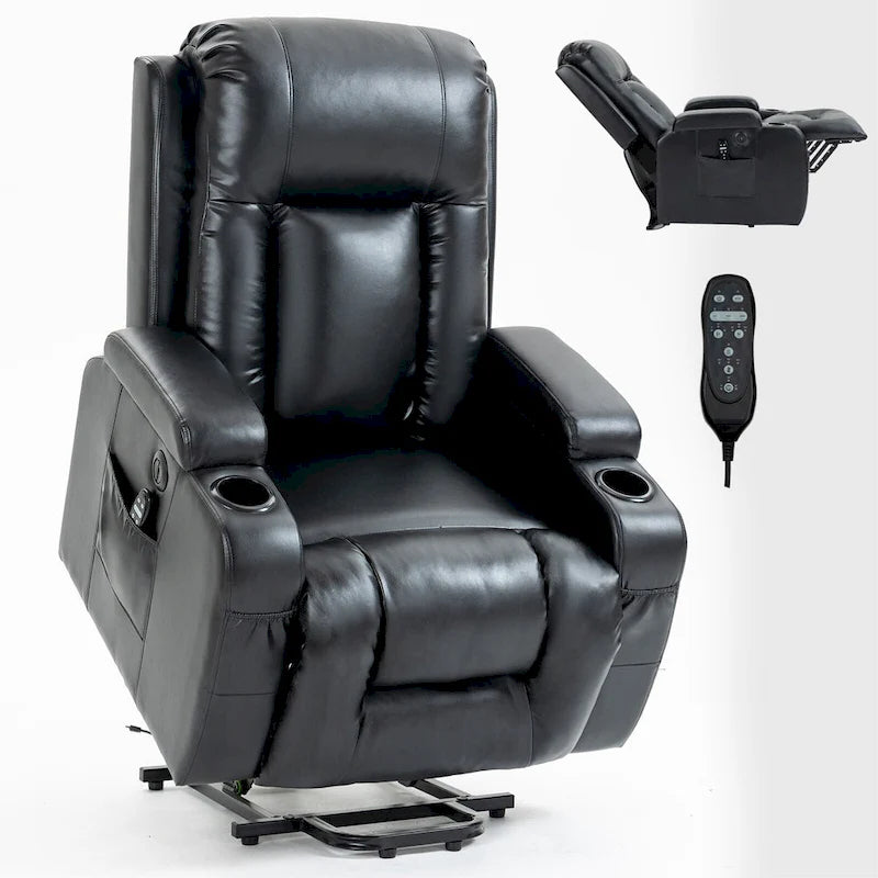 Fauteuil inclinable releveur en similicuir noir, 8 points de massage, chauffant, USB