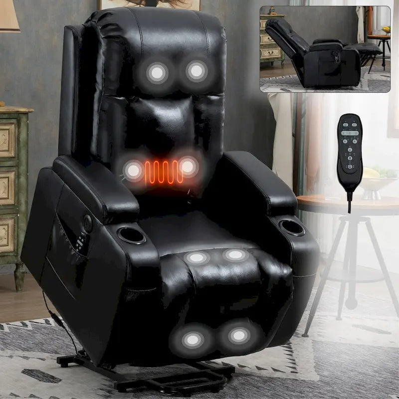 Fauteuil inclinable releveur en similicuir noir, 8 points de massage, chauffant, USB