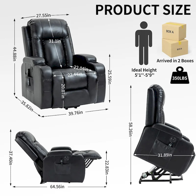 Fauteuil inclinable releveur en similicuir noir, 8 points de massage, chauffant, USB