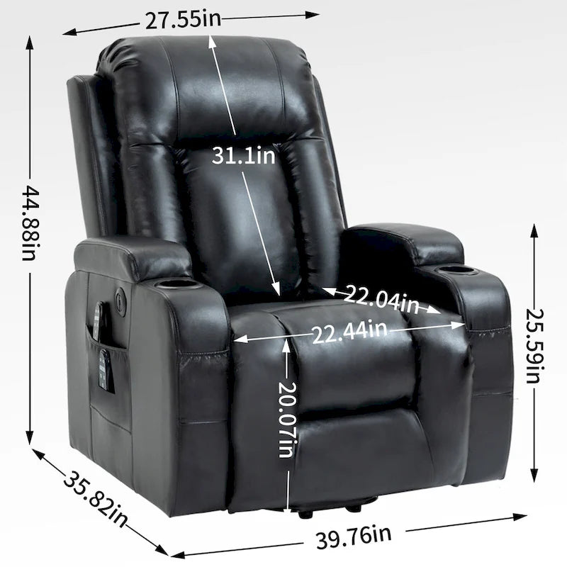 Fauteuil inclinable releveur en similicuir noir, 8 points de massage, chauffant, USB