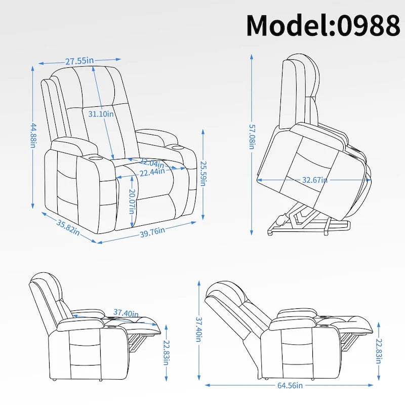 Fauteuil inclinable releveur en similicuir noir, 8 points de massage, chauffant, USB