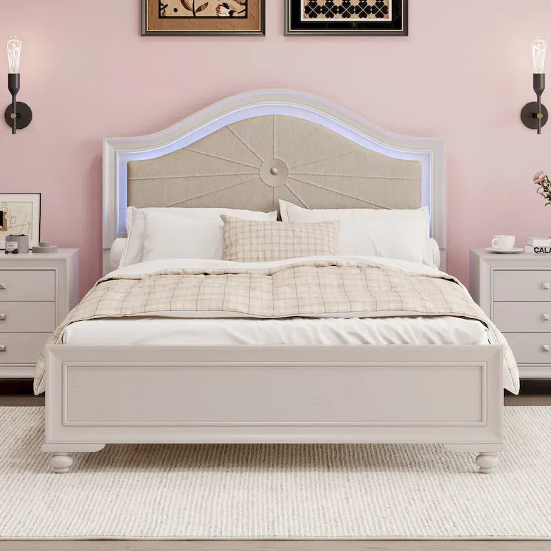 Lit plate-forme capitonné Queen avec éclairage LED réglable