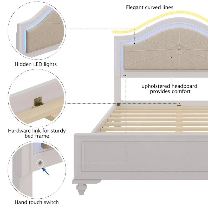 Lit plate-forme capitonné Queen avec éclairage LED réglable