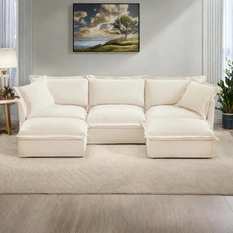 Canapé d'angle en chenille en forme de U de 305 cm avec 3 places, coussins à bord français et coussins moelleux