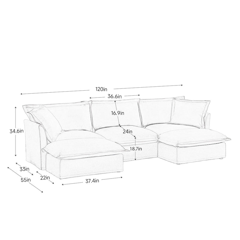 Canapé d'angle en chenille en forme de U de 305 cm avec 3 places, coussins à bord français et coussins moelleux