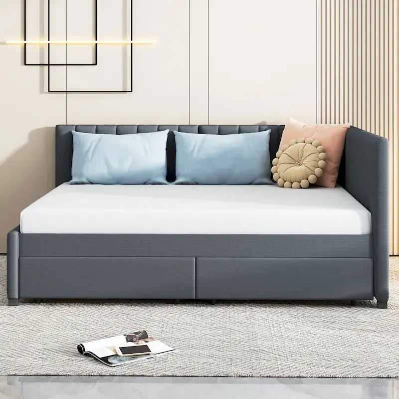 Lit de repos rembourré pleine grandeur avec 2 tiroirs de rangement, cadre de lit de jour, aucun sommier tapissier requis, tissu de lin, beige