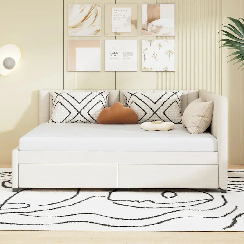 Full Size Upholstered Daybed with 2 Storage Drawers Sofa Bed Frame No Box Spring Needed, Linen Fabric, Beige