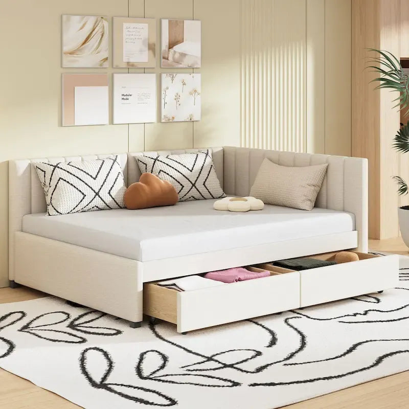 Lit de repos rembourré pleine grandeur avec 2 tiroirs de rangement, cadre de lit de jour, aucun sommier tapissier requis, tissu de lin, beige