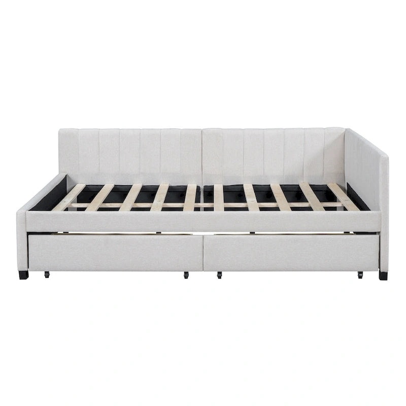 Lit de repos rembourré pleine grandeur avec 2 tiroirs de rangement, cadre de lit de jour, aucun sommier tapissier requis, tissu de lin, beige
