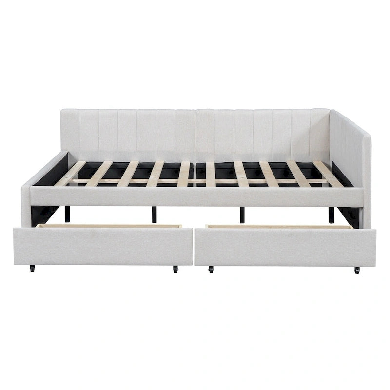 Lit de repos rembourré pleine grandeur avec 2 tiroirs de rangement, cadre de lit de jour, aucun sommier tapissier requis, tissu de lin, beige