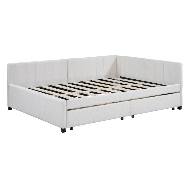 Lit de repos rembourré pleine grandeur avec 2 tiroirs de rangement, cadre de lit de jour, aucun sommier tapissier requis, tissu de lin, beige