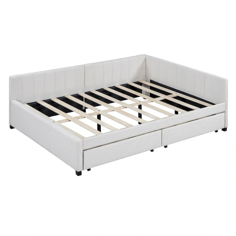 Lit de repos rembourré pleine grandeur avec 2 tiroirs de rangement, cadre de lit de jour, aucun sommier tapissier requis, tissu de lin, beige