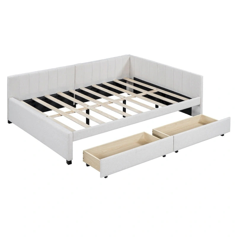 Lit de repos rembourré pleine grandeur avec 2 tiroirs de rangement, cadre de lit de jour, aucun sommier tapissier requis, tissu de lin, beige