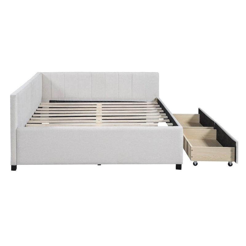 Lit de repos rembourré pleine grandeur avec 2 tiroirs de rangement, cadre de lit de jour, aucun sommier tapissier requis, tissu de lin, beige