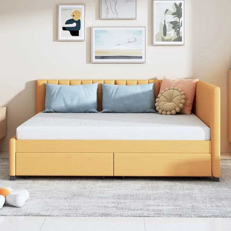 Lit de repos rembourré pleine grandeur avec 2 tiroirs de rangement, cadre de lit de jour, aucun sommier tapissier requis, tissu de lin, beige