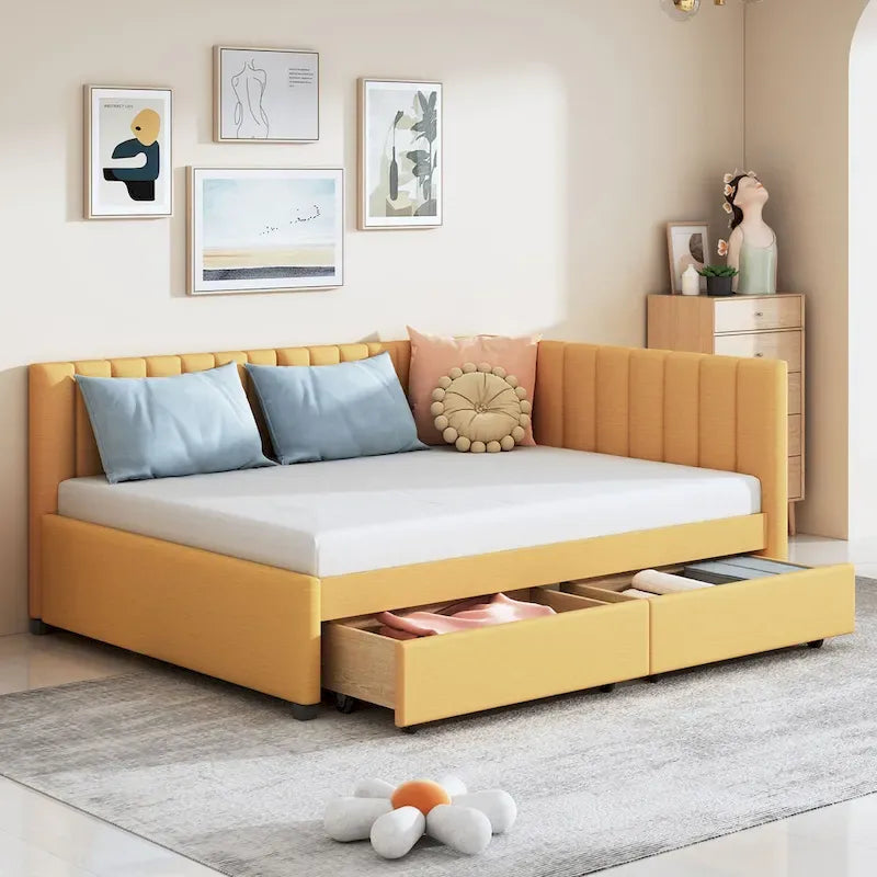 Lit de repos rembourré pleine grandeur avec 2 tiroirs de rangement, cadre de lit de jour, aucun sommier tapissier requis, tissu de lin, beige
