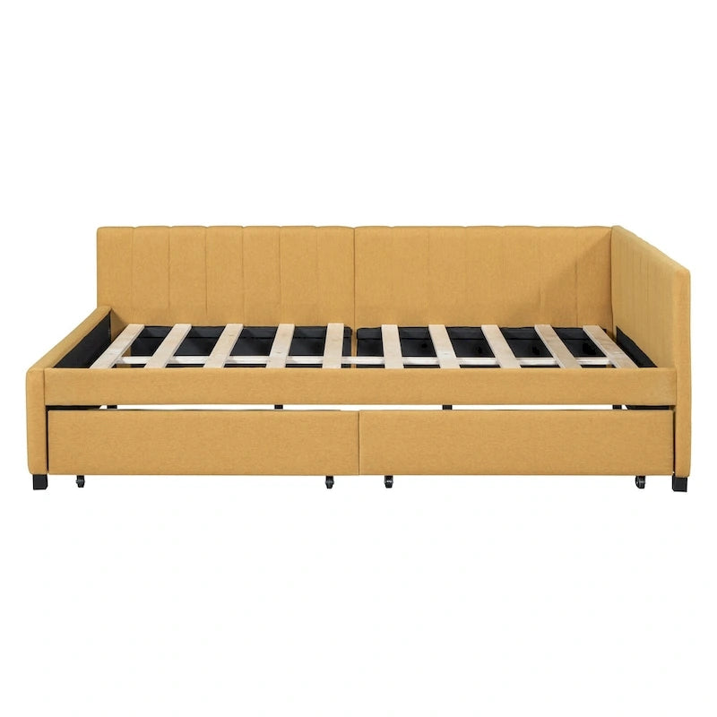 Lit de repos rembourré pleine grandeur avec 2 tiroirs de rangement, cadre de lit de jour, aucun sommier tapissier requis, tissu de lin, beige