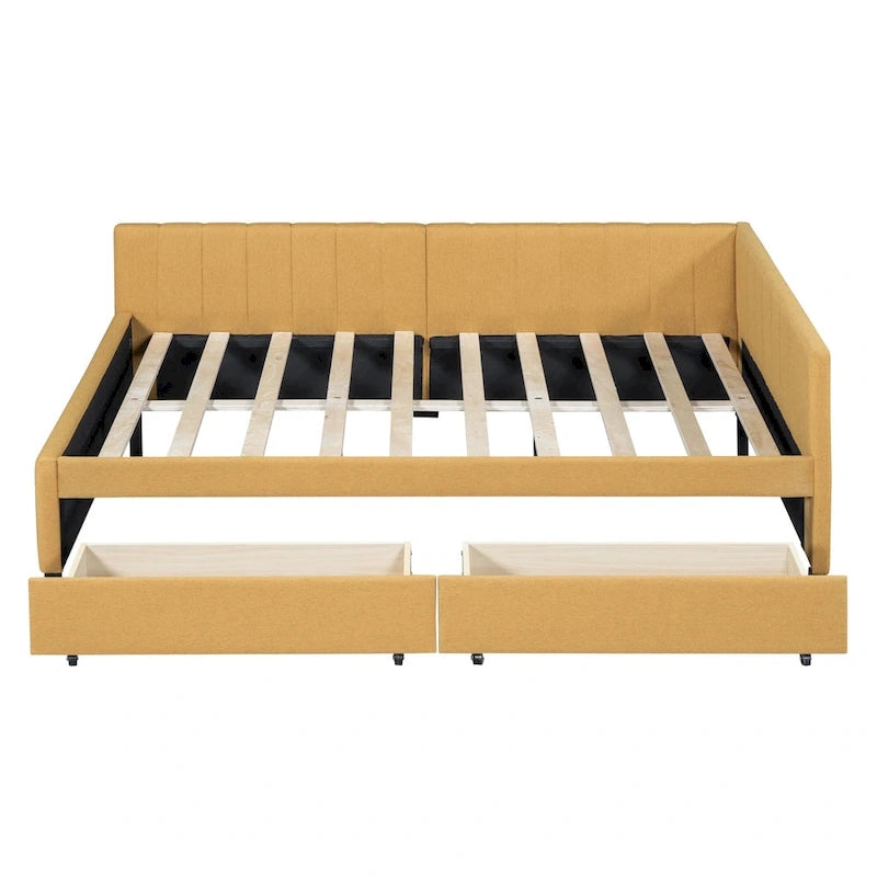 Lit de repos rembourré pleine grandeur avec 2 tiroirs de rangement, cadre de lit de jour, aucun sommier tapissier requis, tissu de lin, beige