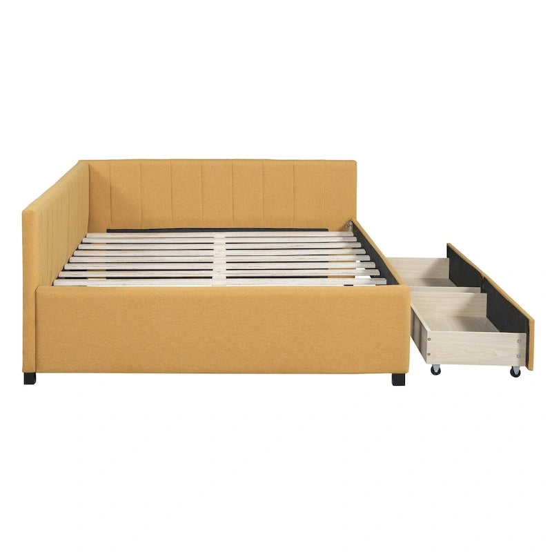 Lit de repos rembourré pleine grandeur avec 2 tiroirs de rangement, cadre de lit de jour, aucun sommier tapissier requis, tissu de lin, beige