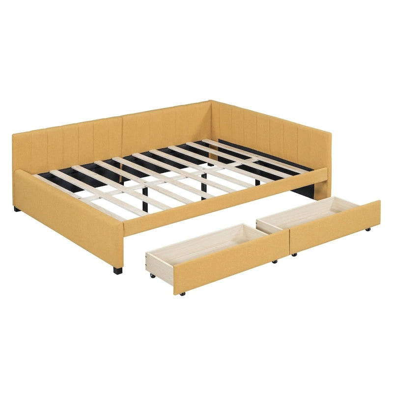 Lit de repos rembourré pleine grandeur avec 2 tiroirs de rangement, cadre de lit de jour, aucun sommier tapissier requis, tissu de lin, beige