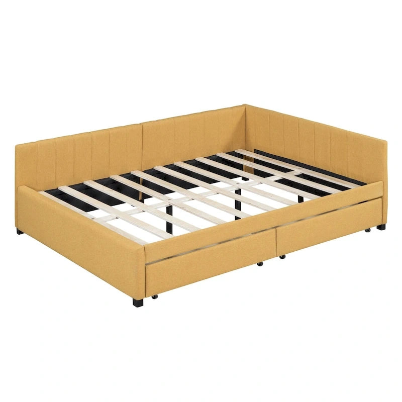 Lit de repos rembourré pleine grandeur avec 2 tiroirs de rangement, cadre de lit de jour, aucun sommier tapissier requis, tissu de lin, beige