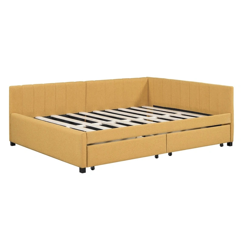 Lit de repos rembourré pleine grandeur avec 2 tiroirs de rangement, cadre de lit de jour, aucun sommier tapissier requis, tissu de lin, beige