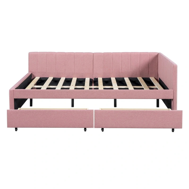 Lit de repos rembourré pleine grandeur avec 2 tiroirs de rangement, cadre de lit de jour, aucun sommier tapissier requis, tissu de lin, beige