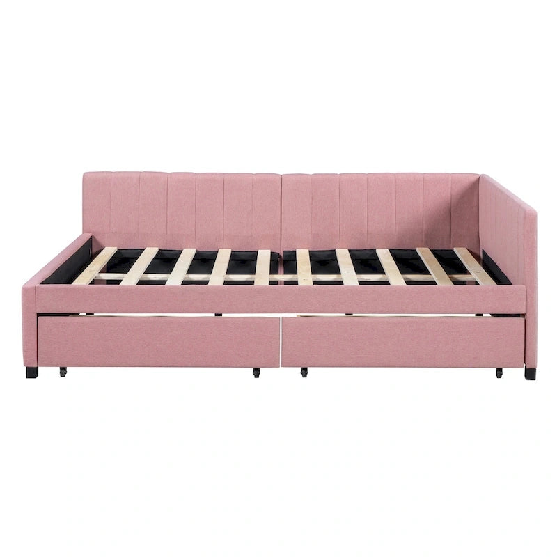 Lit de repos rembourré pleine grandeur avec 2 tiroirs de rangement, cadre de lit de jour, aucun sommier tapissier requis, tissu de lin, beige