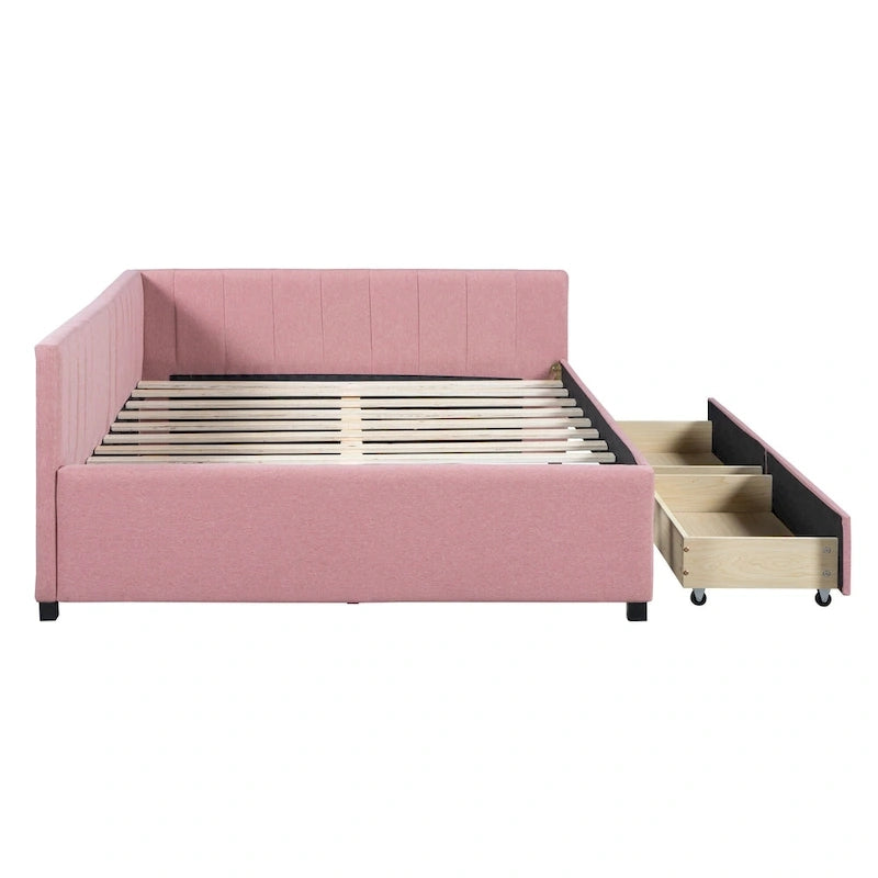Lit de repos rembourré pleine grandeur avec 2 tiroirs de rangement, cadre de lit de jour, aucun sommier tapissier requis, tissu de lin, beige