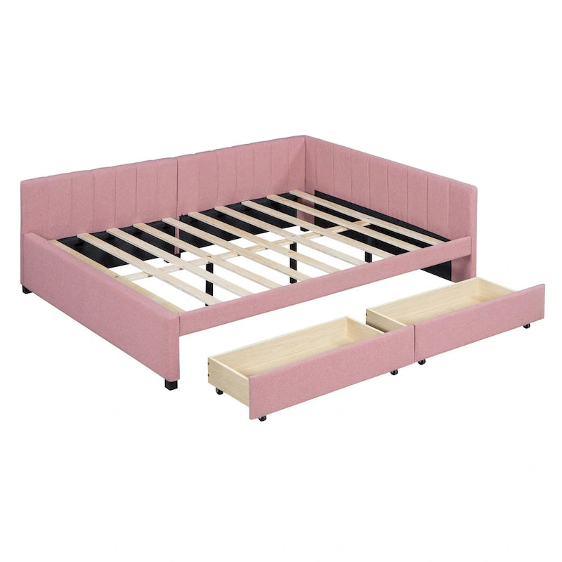 Lit de repos rembourré pleine grandeur avec 2 tiroirs de rangement, cadre de lit de jour, aucun sommier tapissier requis, tissu de lin, beige