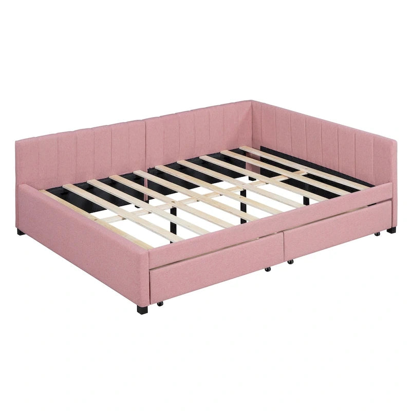Lit de repos rembourré pleine grandeur avec 2 tiroirs de rangement, cadre de lit de jour, aucun sommier tapissier requis, tissu de lin, beige