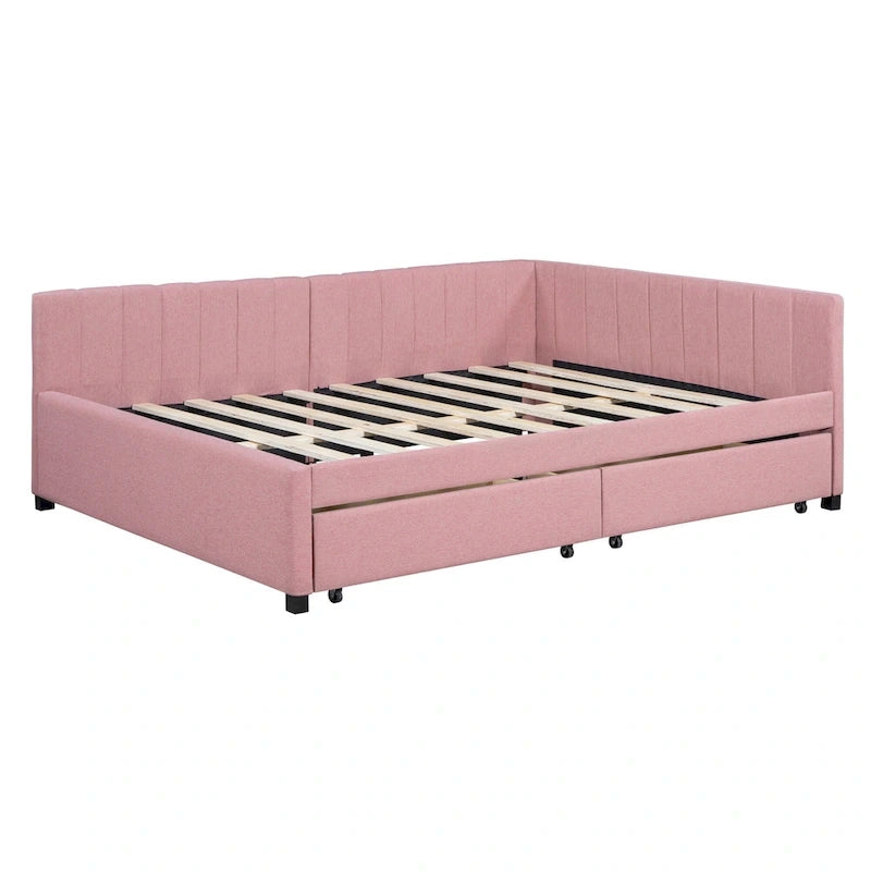 Lit de repos rembourré pleine grandeur avec 2 tiroirs de rangement, cadre de lit de jour, aucun sommier tapissier requis, tissu de lin, beige