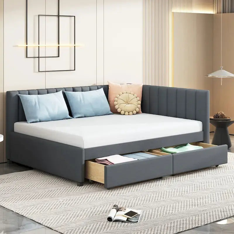 Lit de repos rembourré pleine grandeur avec 2 tiroirs de rangement, cadre de lit de jour, aucun sommier tapissier requis, tissu de lin, beige
