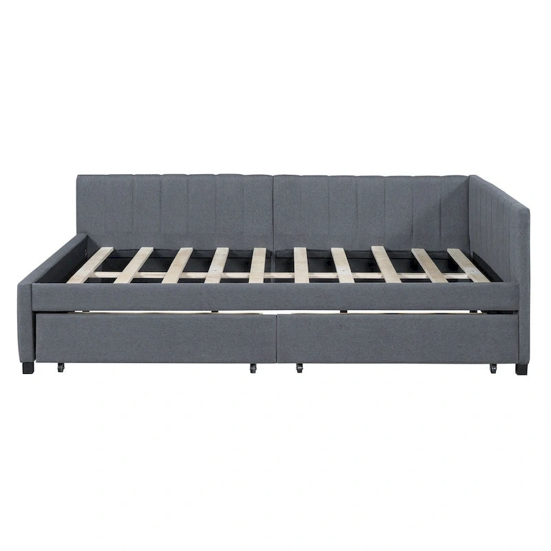 Lit de repos rembourré pleine grandeur avec 2 tiroirs de rangement, cadre de lit de jour, aucun sommier tapissier requis, tissu de lin, beige