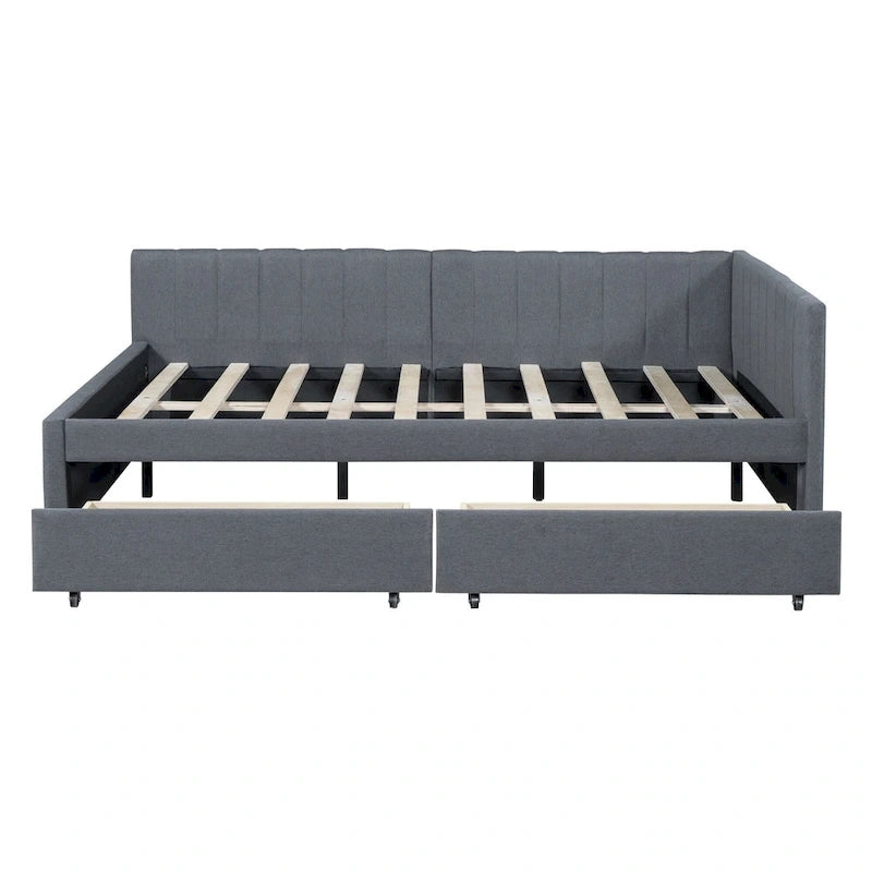 Lit de repos rembourré pleine grandeur avec 2 tiroirs de rangement, cadre de lit de jour, aucun sommier tapissier requis, tissu de lin, beige