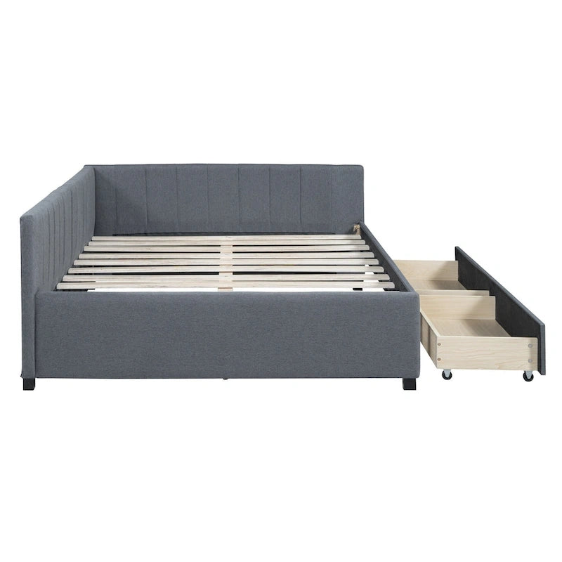 Lit de repos rembourré pleine grandeur avec 2 tiroirs de rangement, cadre de lit de jour, aucun sommier tapissier requis, tissu de lin, beige
