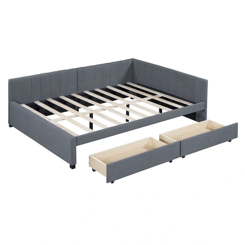 Lit de repos rembourré pleine grandeur avec 2 tiroirs de rangement, cadre de lit de jour, aucun sommier tapissier requis, tissu de lin, beige