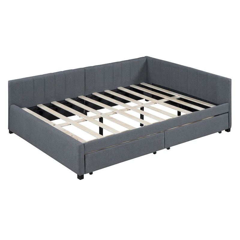 Lit de repos rembourré pleine grandeur avec 2 tiroirs de rangement, cadre de lit de jour, aucun sommier tapissier requis, tissu de lin, beige